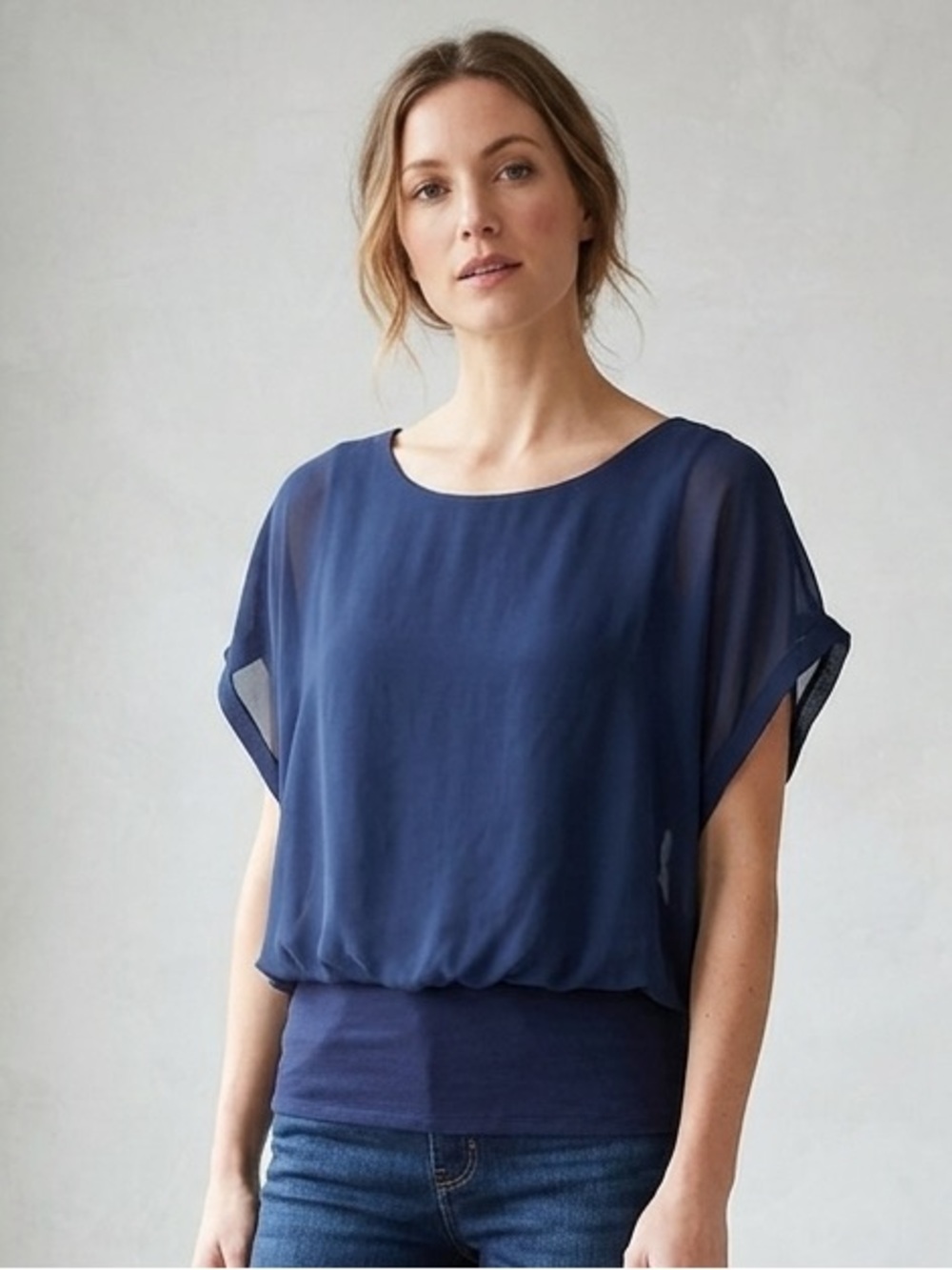 Joseph A. Navy Blue Sheer Overlay Short Sleeve Blouse, Women’s Size Medium